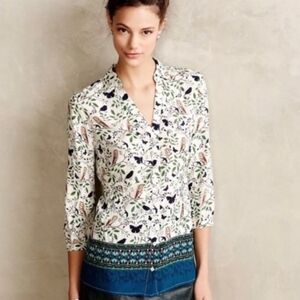 Maeve by Anthropologie "Woodland Walk" Owl & Butterfly Print Blouse Size 14